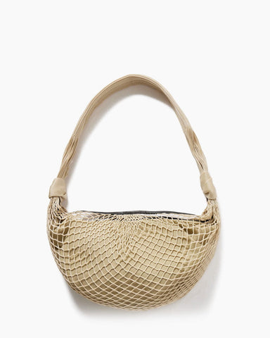 Beige Fishnet Croissant Shoulder Bag with Leather Trim for Luxe Seaside Escapes