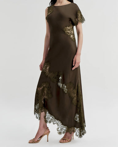 Asymmetrical Lace-Panel Evening Maxi Dress