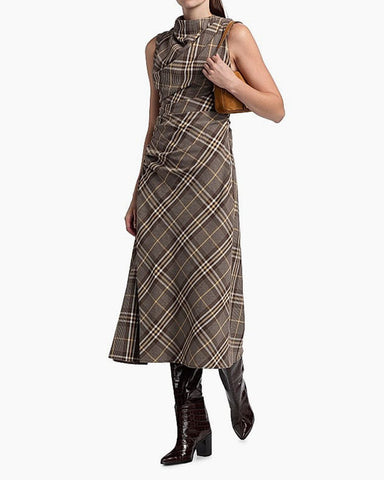 (Pre-sale) Plaid Asymmetric Cowlneck Midi Dress