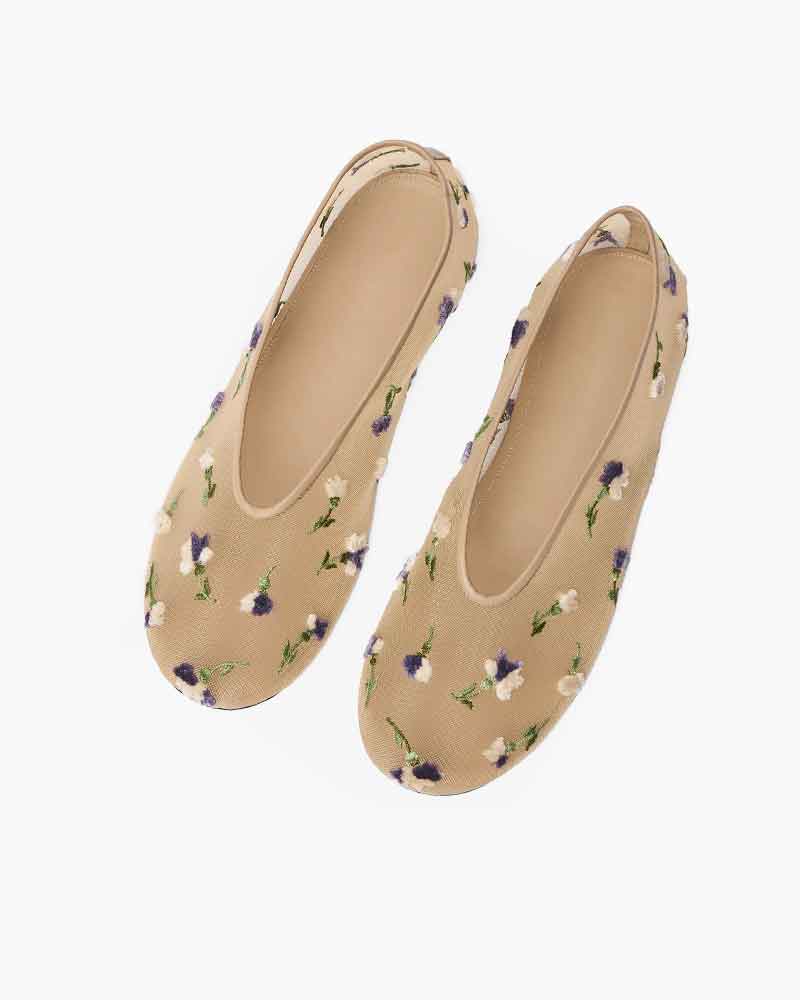 Women’s Beige Floral Embroidered Mesh Ballet Flats