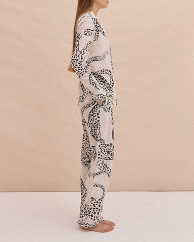 Cotton Long Pyjama Set in Illustrated Leopard Print