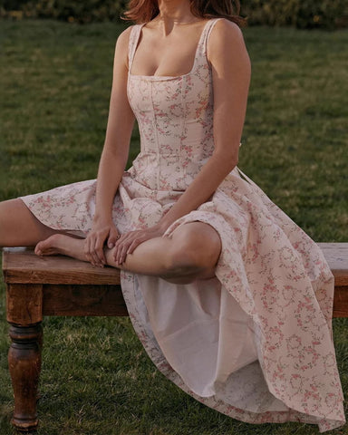 Sweet Floral Lace-back Midi Sundress