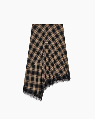 Checked Asymmetric Midi Skirt with Lace Detail for Elegant Office Styling