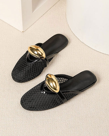 Mesh Round-Toe Buckle-Accent Mule Flats