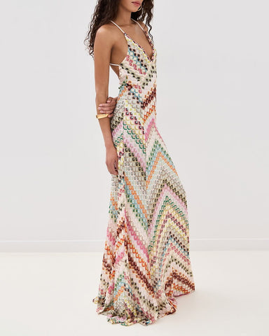 Boho Diagonal Stripe Open-Knit Backless Long Dress