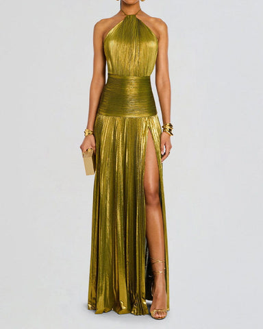 Metallic Peridot Halter Neck Gown