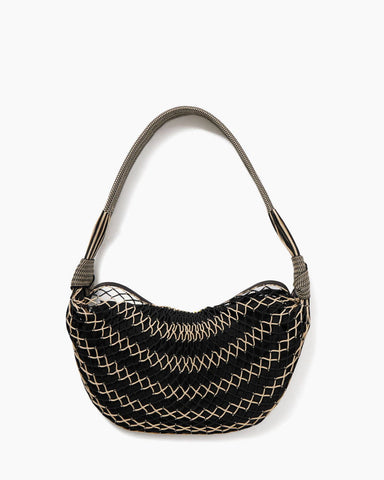 Beige Fishnet Croissant Shoulder Bag with Leather Trim for Luxe Seaside Escapes