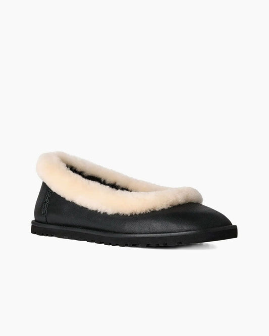 (Pre-sale) Fur Trim Leather Ballerina Mules