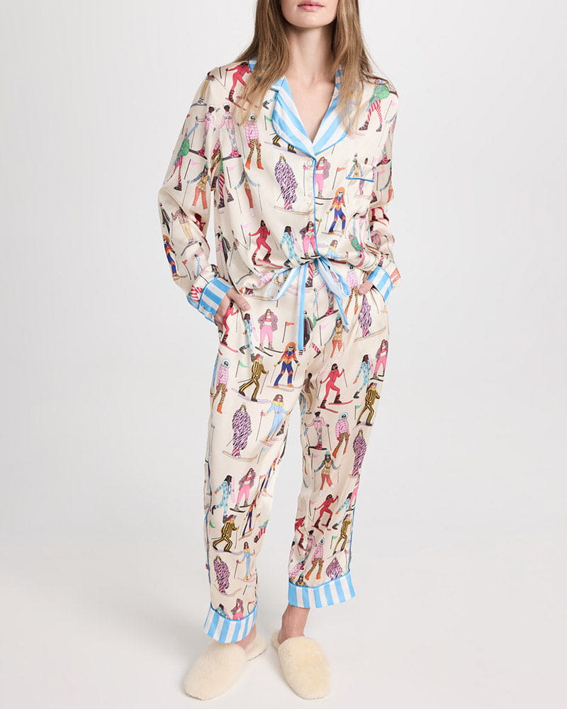Retro Skier Illustration Long Sleeve Sleepwear with Striped Trim