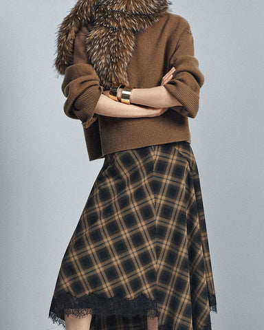 Checked Asymmetric Midi Skirt with Lace Detail for Elegant Office Styling