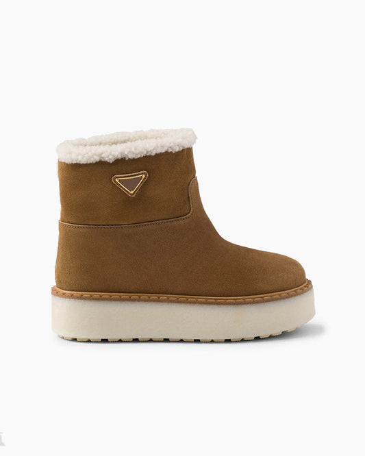 Camel Suede & Shearling Platform Booties for Luxurious Après-Ski Lounging