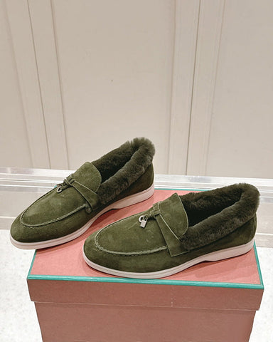 Suede and Shearling Fur Charms Walk Loafers