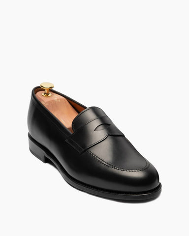 Men’s Polished Black Leather Penny Loafers with Low Heel