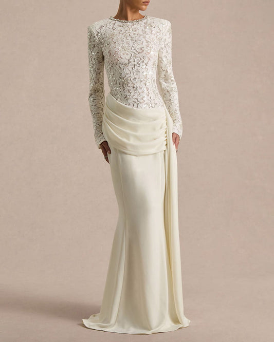 Women’s Lace Long Sleeve Draped Mermaid Maxi Dress