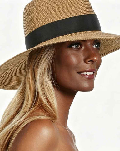 Wide Brim Woven Straw Fedora Sun Hat with Black Band