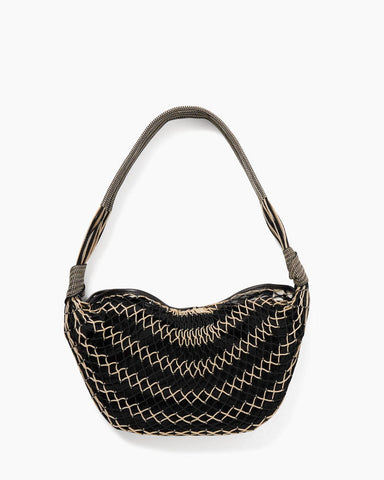 Beige Fishnet Croissant Shoulder Bag with Leather Trim for Luxe Seaside Escapes