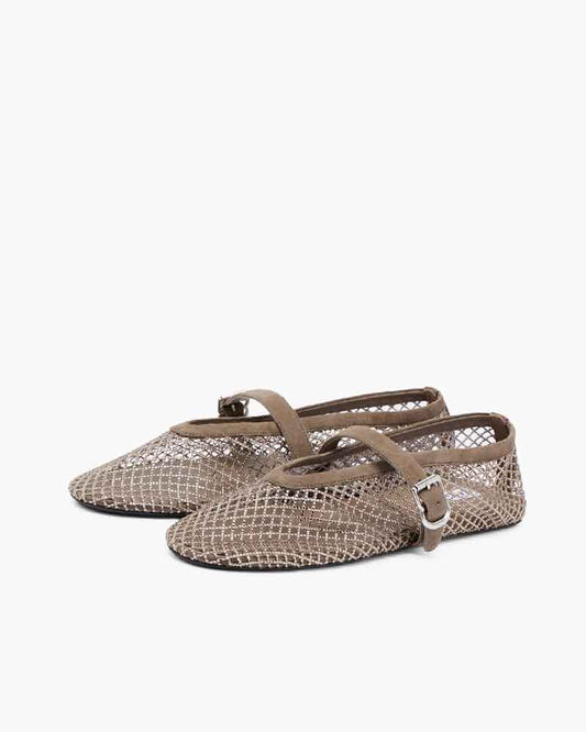 Women’s Silver Fishnet Mary Jane Ballet Flats with Rhinestone Detail