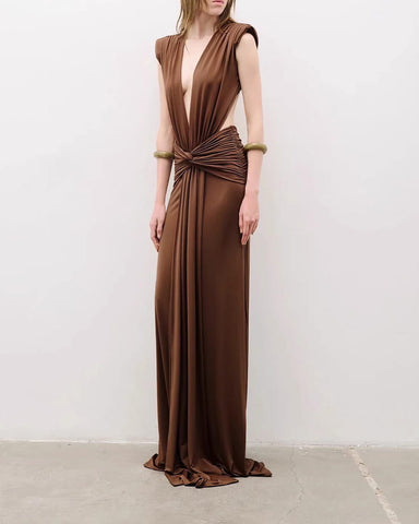 Ruched Plunge Neckline Draped Maxi Gown