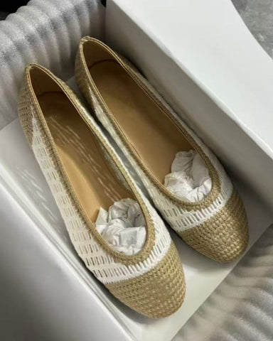 Women's Round-Toe Woven Raffia Open-Knit Ballet Flats