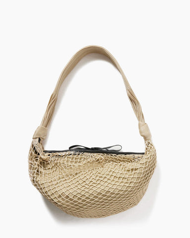 Beige Fishnet Croissant Shoulder Bag with Leather Trim for Luxe Seaside Escapes
