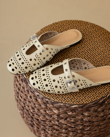 Boho Cutout Buckle Slip-On Flat Mules