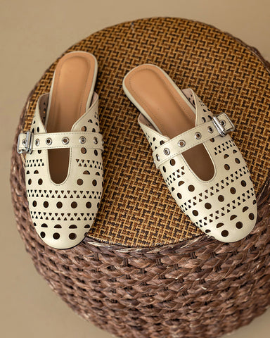 Boho Cutout Buckle Slip-On Flat Mules