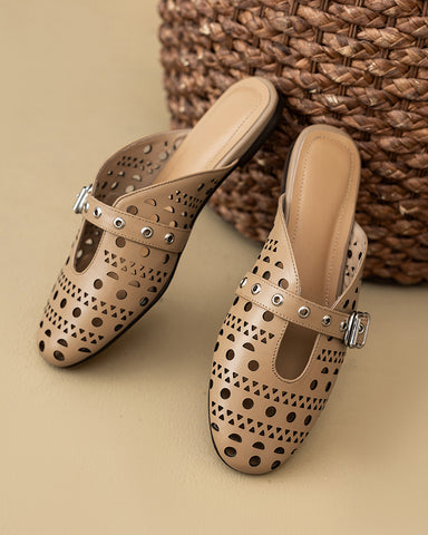 Boho Cutout Buckle Slip-On Flat Mules