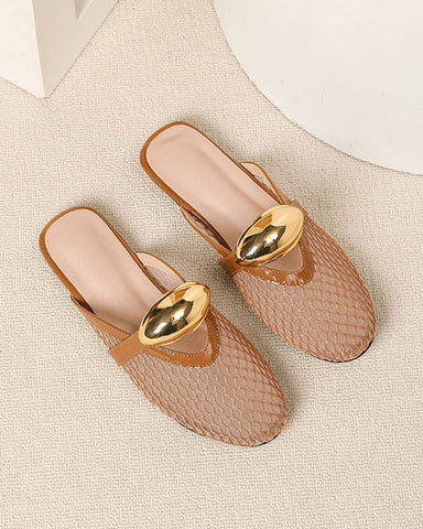 Mesh Round-Toe Buckle-Accent Mule Flats