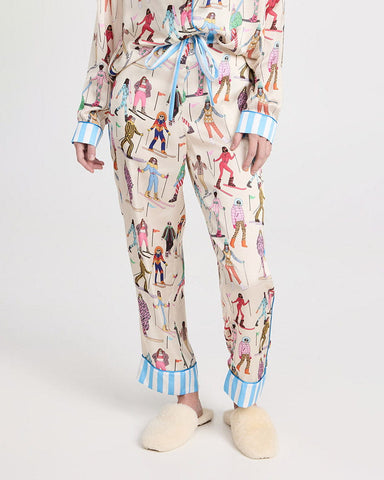 Retro Skier Illustration Long Sleeve Sleepwear with Striped Trim