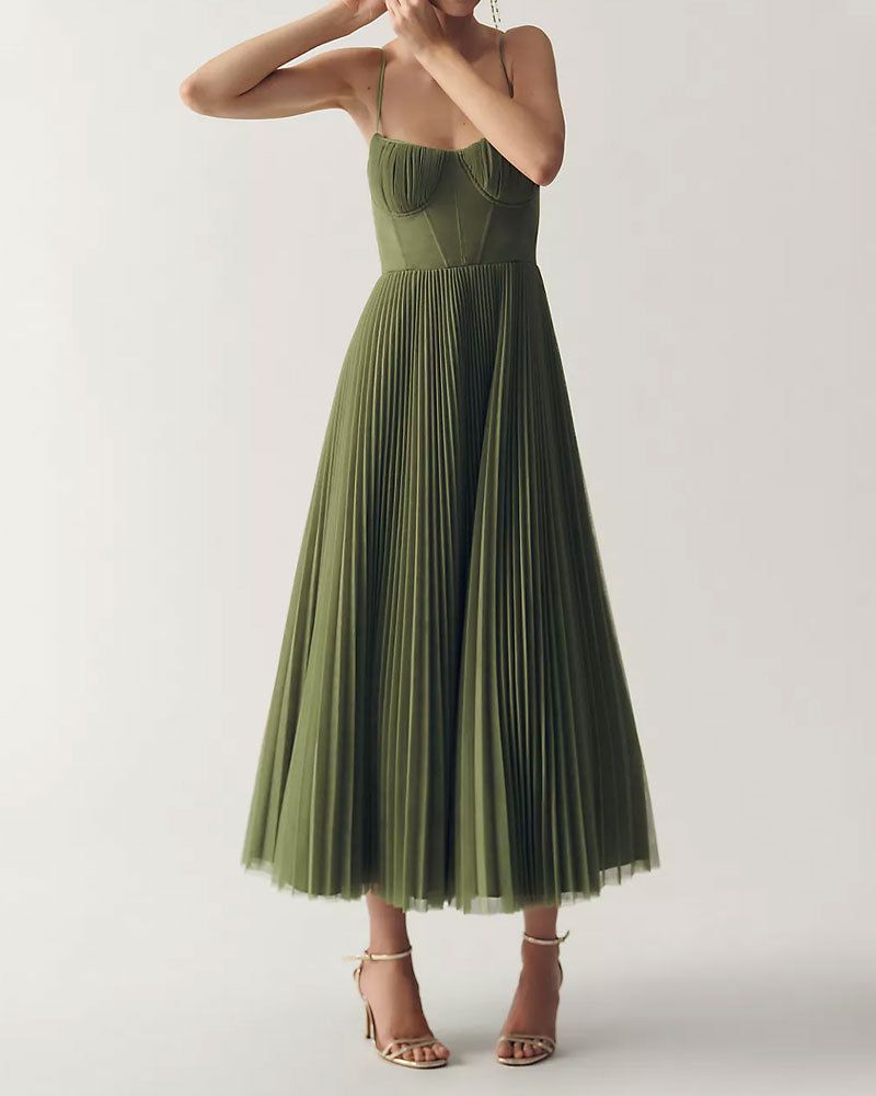 Corset Pleated Tulle Fit & Flare Midi Dress Green / L Corset Pleated Tulle Fit & Flare Midi Dress Green / L