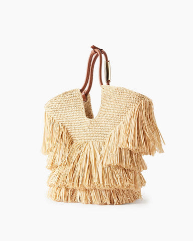 Layered Fringe Raffia Top Handle Tote Bag