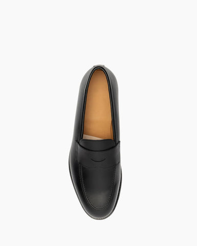 Men’s Polished Black Leather Penny Loafers with Low Heel