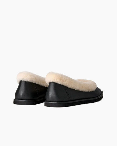 (Pre-sale) Fur Trim Leather Ballerina Mules