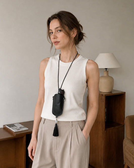 Leather Eyeglass Case Necklace with Tassel Detail