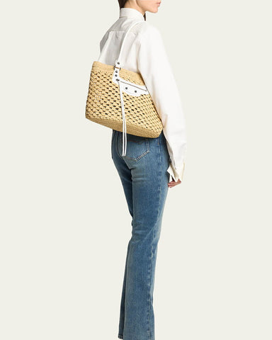Handwoven Crochet Raffia Tote with Riveted Leather Accents