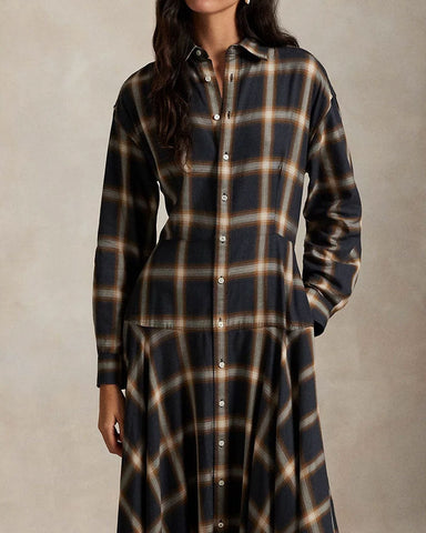 Plaid Twill Paneled Shirt Dress