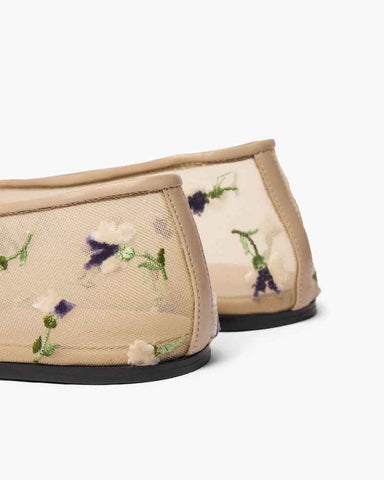 Women’s Beige Floral Embroidered Mesh Ballet Flats
