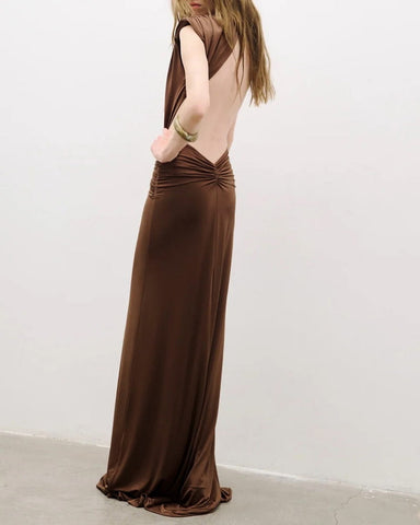 Ruched Plunge Neckline Draped Maxi Gown