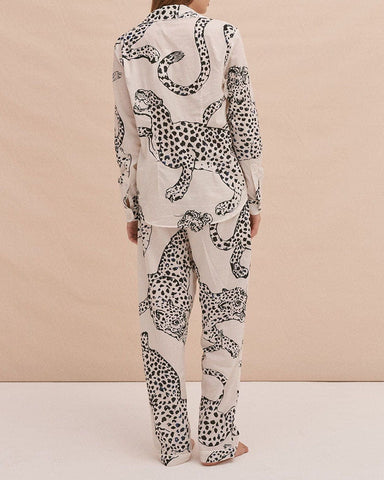 Cotton Long Pyjama Set in Illustrated Leopard Print