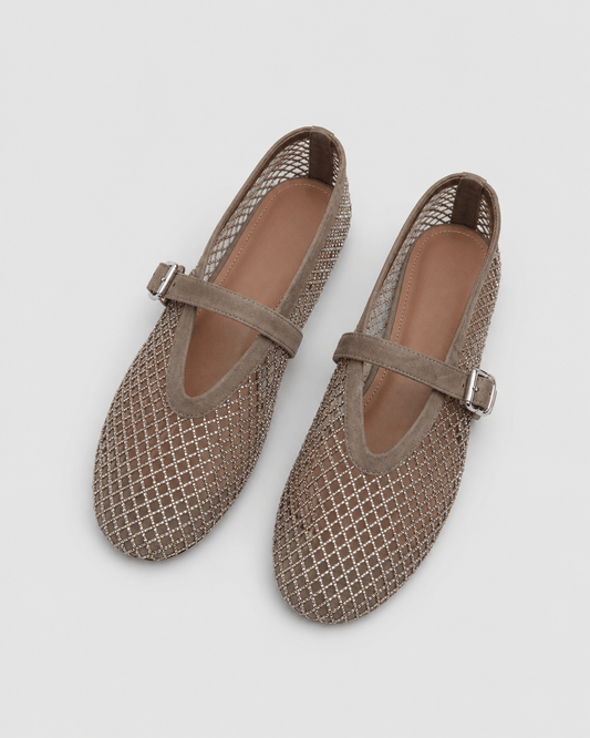 Women’s Silver Fishnet Mary Jane Ballet Flats with Rhinestone Detail