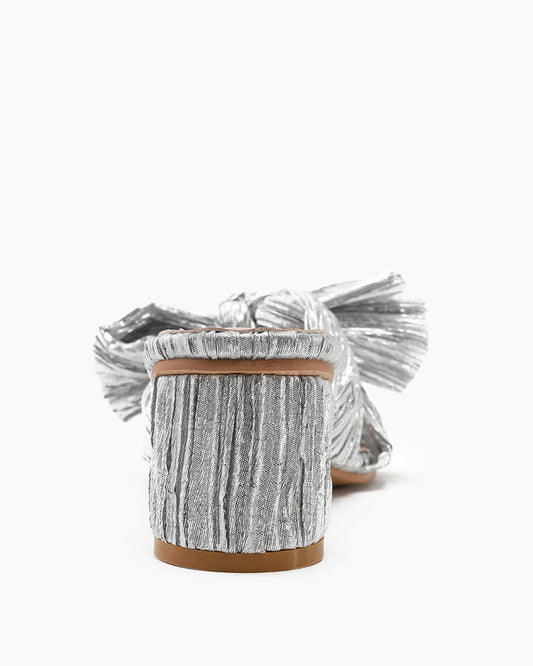 (Clean Up) Silver Pleated Bow Open Toe Chunky Block Heel Sandals