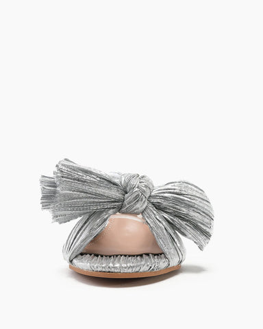 (Clean Up) Silver Pleated Bow Open Toe Chunky Block Heel Sandals