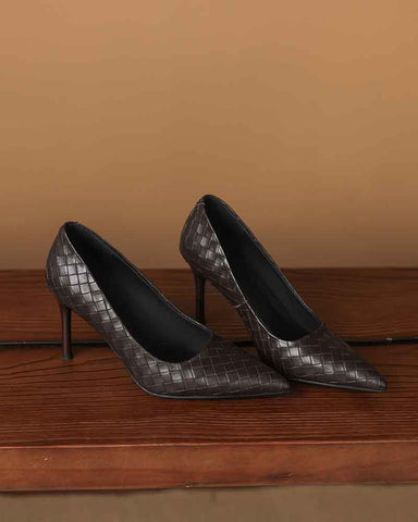 Woven-Texture Pointed-Toe Mid-High Heel Pumps