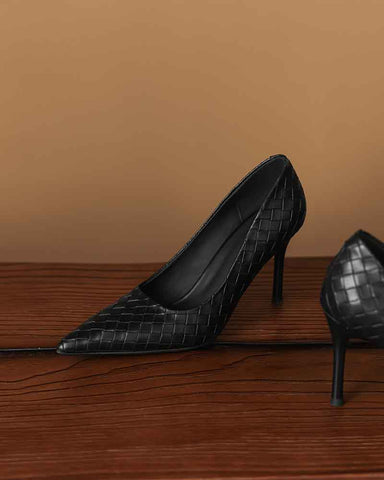 Woven-Texture Pointed-Toe Mid-High Heel Pumps