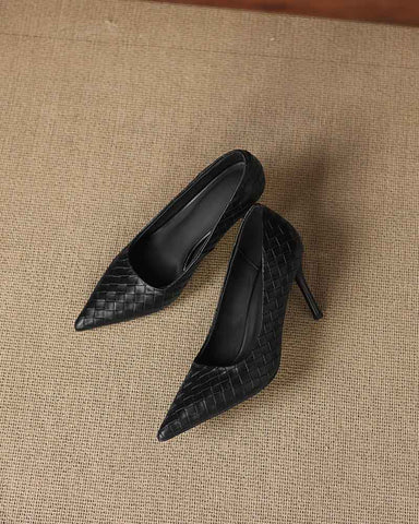 Woven-Texture Pointed-Toe Mid-High Heel Pumps