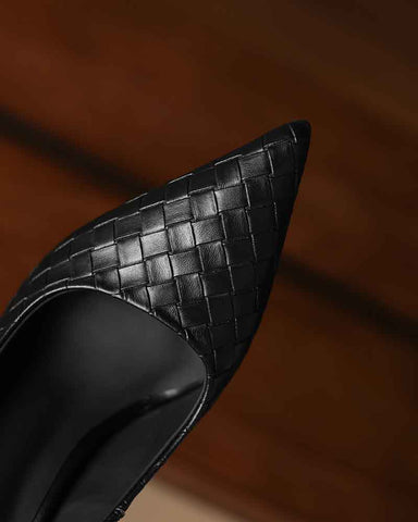 Woven-Texture Pointed-Toe Mid-High Heel Pumps