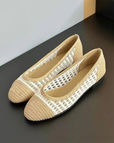 Women's Round-Toe Woven Raffia Open-Knit Ballet Flats