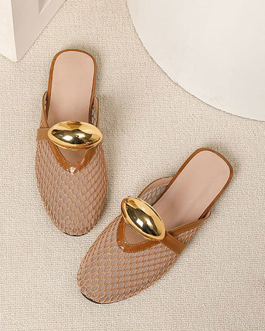Mesh Round-Toe Buckle-Accent Mule Flats