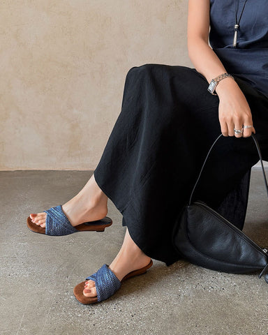 Cross-Strap Woven Open-Toe Slide Sandals