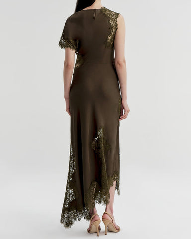 Asymmetrical Lace-Panel Evening Maxi Dress